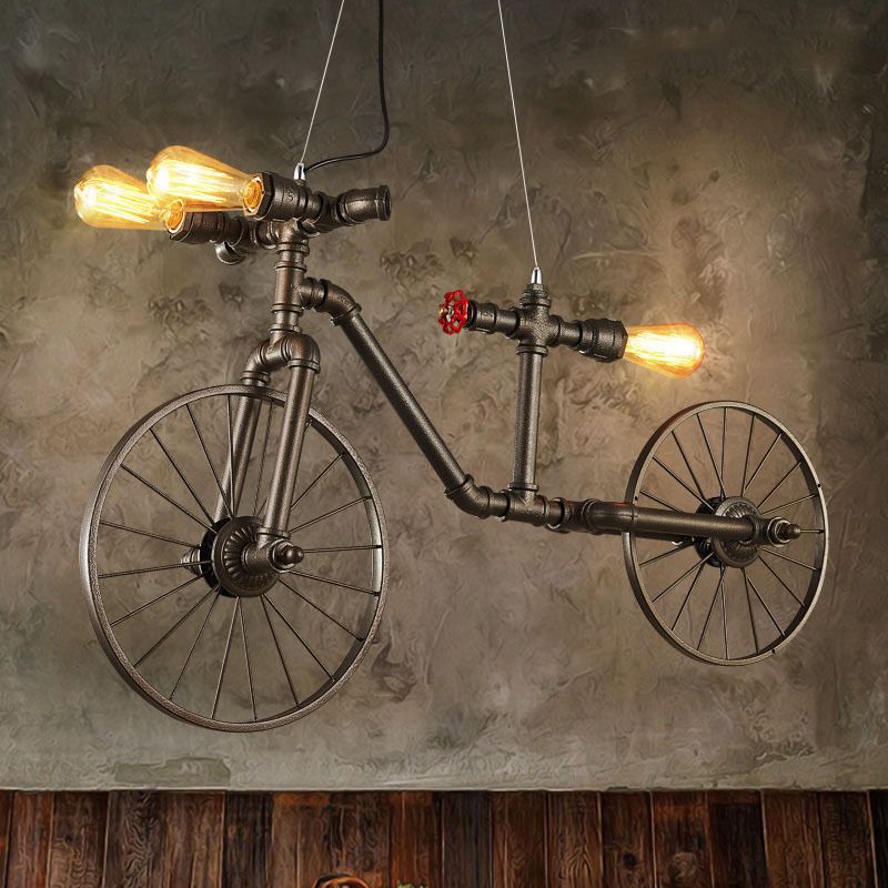 Illuminazione a sospensione a forma di biciclette in bronzo a forma di bicchiera in stile antico metallo 3 luci a soffitto interno con design del tubo