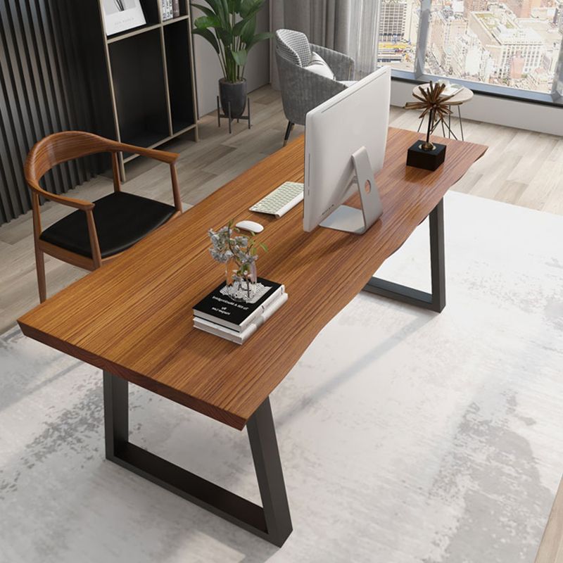 Rectangular Shaped Brown Office Desk with Black Legs for Office