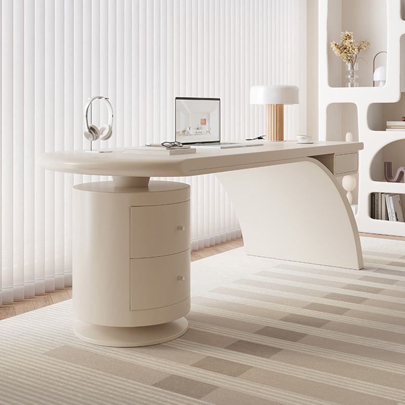 Irregular Shape Contemporary Office Desk Wooden Task Desk with 2 Drawers in White