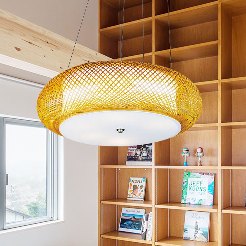 Brown/Wood Hand-Worked Hanging Light with Drum Shade Asian 1 Light Bamboo Suspension Lamp for Dining Room