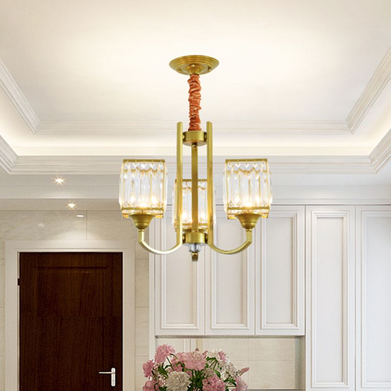 Cubic Shade Clear Crystal Ceiling Pendant Contemporary 3/6 Bulbs Dinning Room Chandelier with Gold Arm