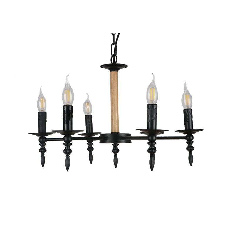 Black Finish Candle Chandelier Lamp Antique Metal and Wood 6 Heads Restaurant Chandelier Pendant Light