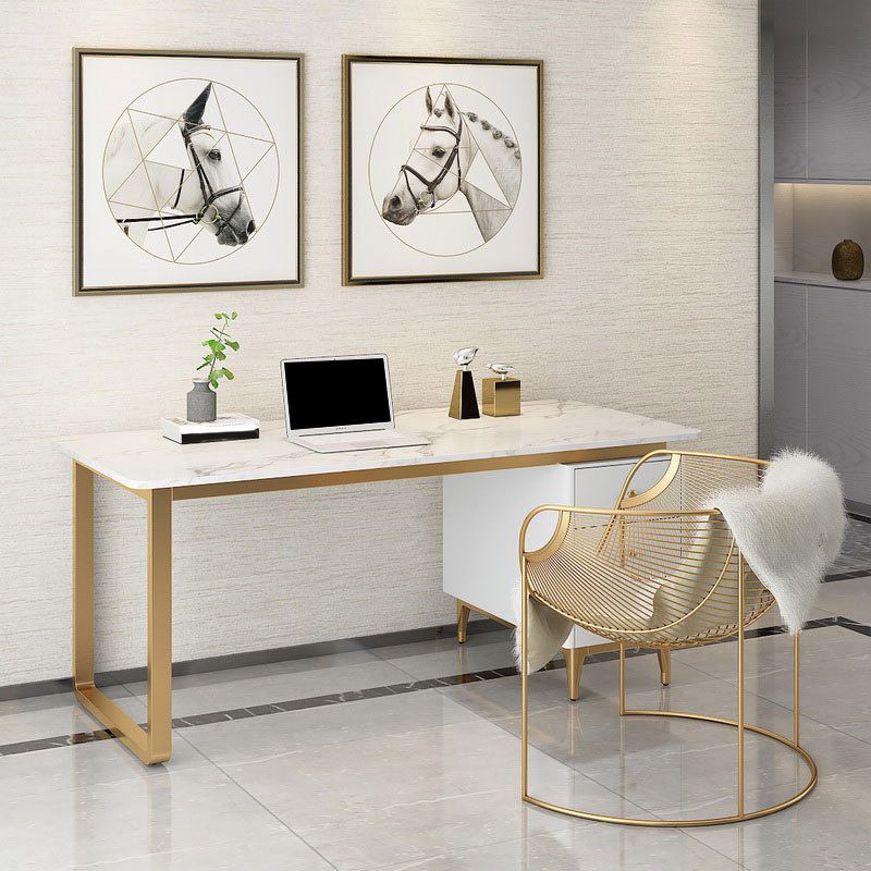 Rectangular Marble Office Desk Glam Solid Wood Writing Desk for Home