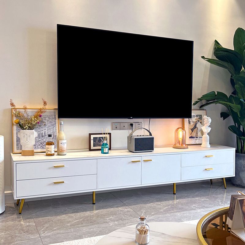 White Glam Style TV Stand Stone Enclosed Storage TV Cabinet with 4 Drawers