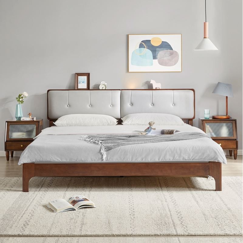 Mid-century Style Bed Frame Solid Wood Bed with Adjustable Headboard