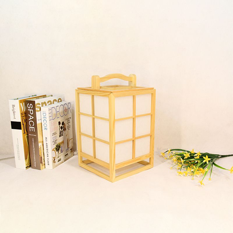 Lámpara de escritorio rectangular japonesa de madera 1 Tarea de bombilla Iluminación en beige con mango