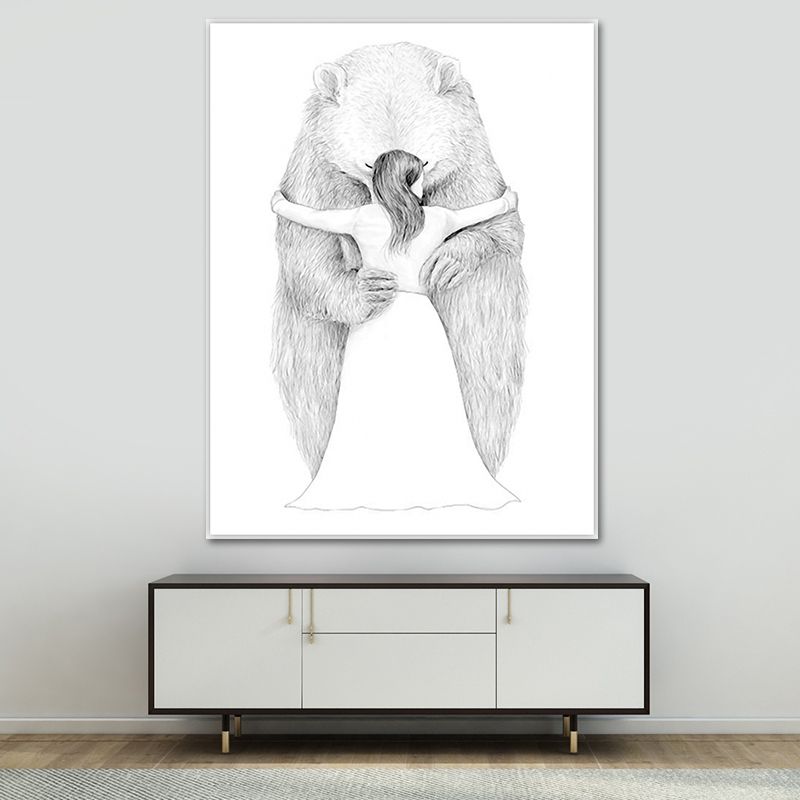 Scandinavian Bear and Girl Painting White Textured Wall Art Decor for Dining Room
