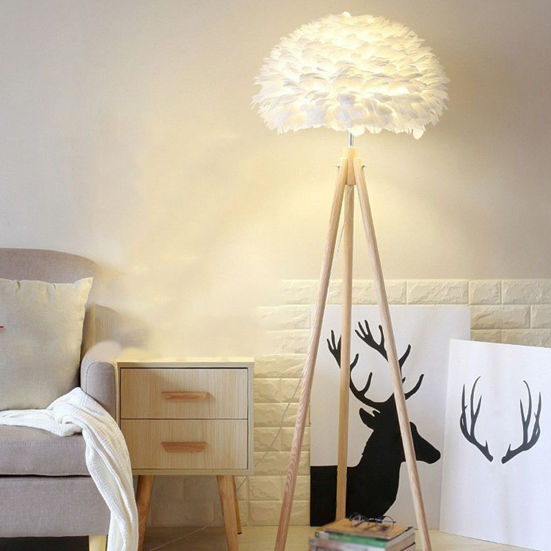 White Dome Floor Lamp Minimalist 1 Bulb Feather Standing Light with Wood Tripod