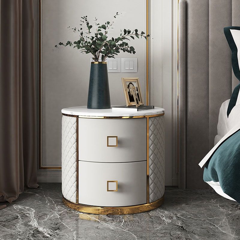 Drawer Storage Nightstand 2 Drawer Faux Leather and Genuine Marble Night Table Glam