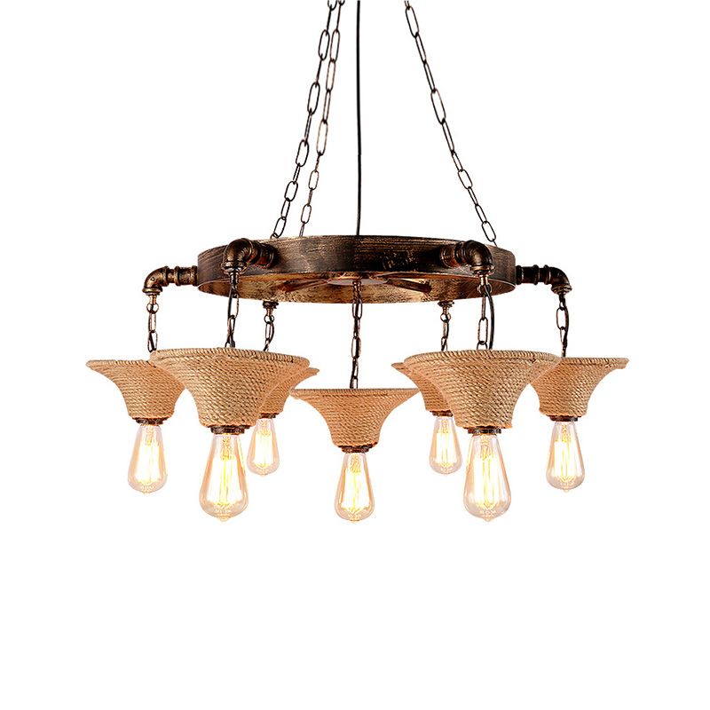 Cone Shade Ceiling Lamp Rope 7/9 Bulb Rustic Dining Room Chandeliers Pendant Light in Antique Bronze