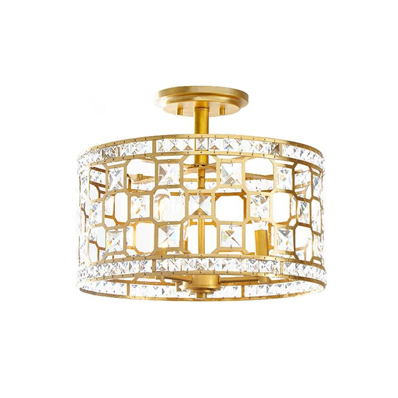 Vintage Hollowed Out Drum Semi Flush 3/4 Heads Crystal Embedded Flush Mount Ceiling Light Fixture in Gold