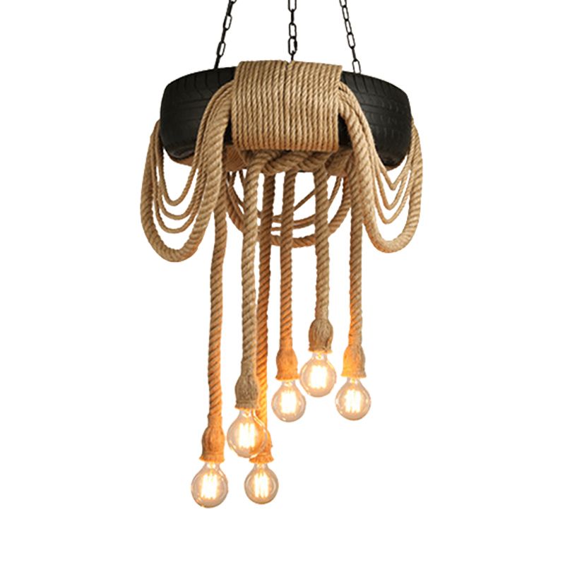 6 Lichter nackte Glühbirne Anhänger Kronleuchter Industrial Beige Seildecke mit Reifendesign