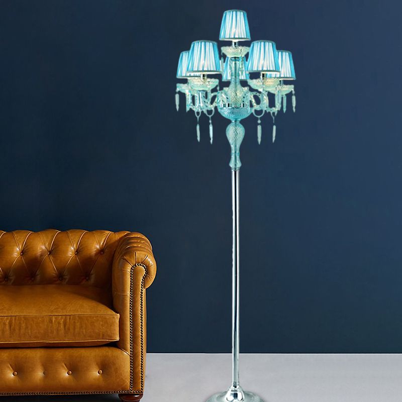 Blue 5/6/7-Bulb Standing Light Traditional Crystal Candelabra Reading Floor Lamp with Barrel Pleated Shade