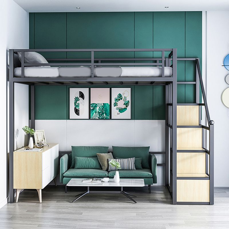 White/Black Loft Bed Industrial Metal Kids Bed with Guardrail