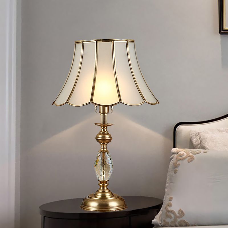 Minimalist Scalloped Night Lighting 1 Head Frosted Glass Nightstand Light in Gold with Metal Font/Clear Crystal Deco