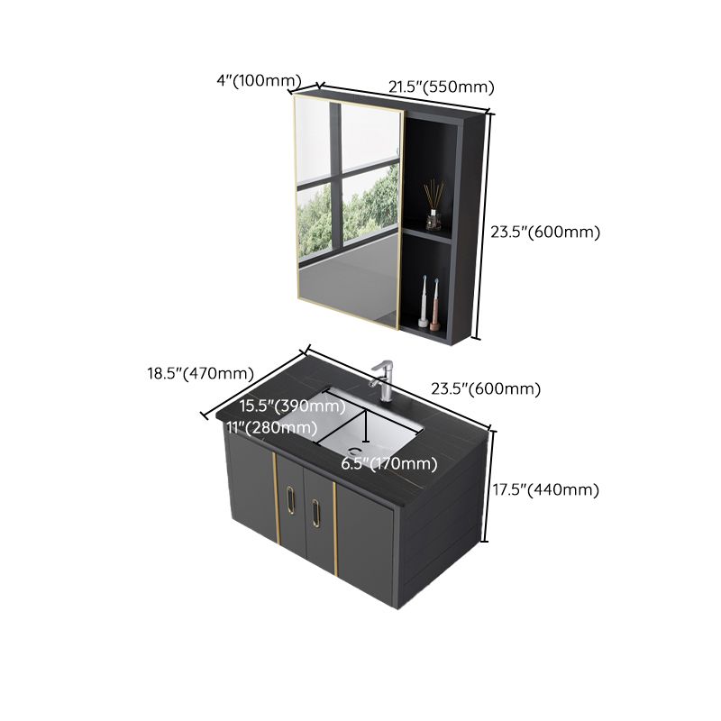 Glam Vanity Wall Mount Single Sink Metal Frame Rectangular Mirror Vanity with 2 Doors