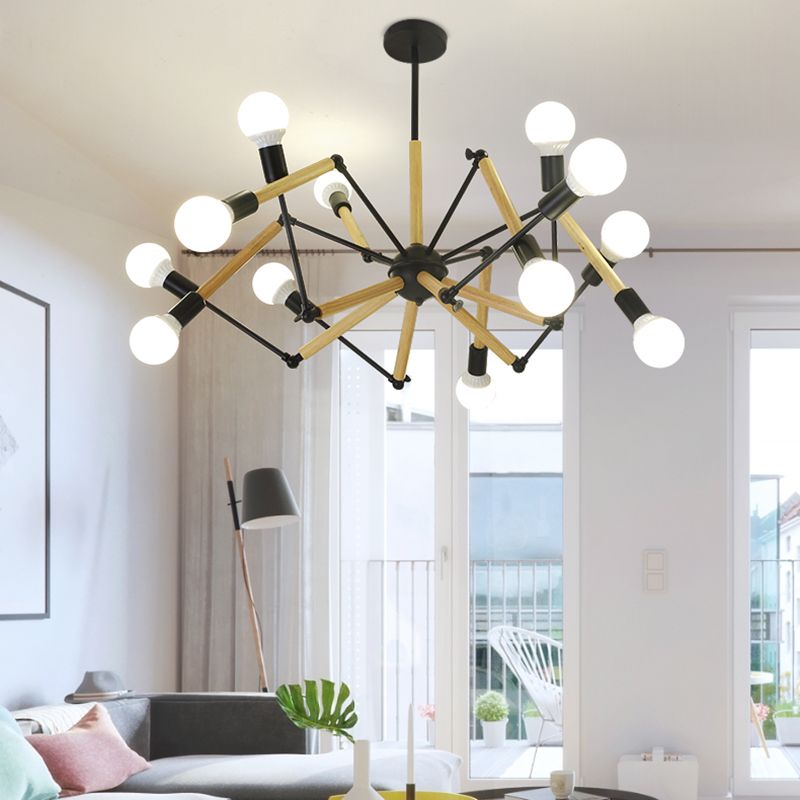 Black and Wood Spider Chandelier Loft Style Metal Living Room Ceiling Hang Light