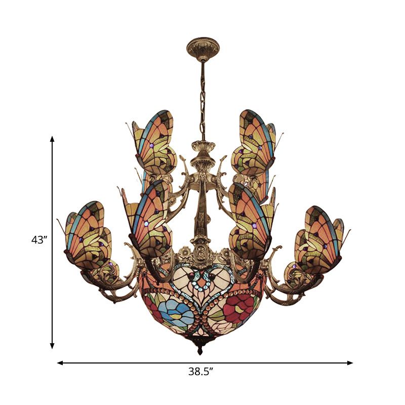 Tiffany Stunning Multi-Colored Chandelier with Butterfly Glass Pendant Light for Living Room