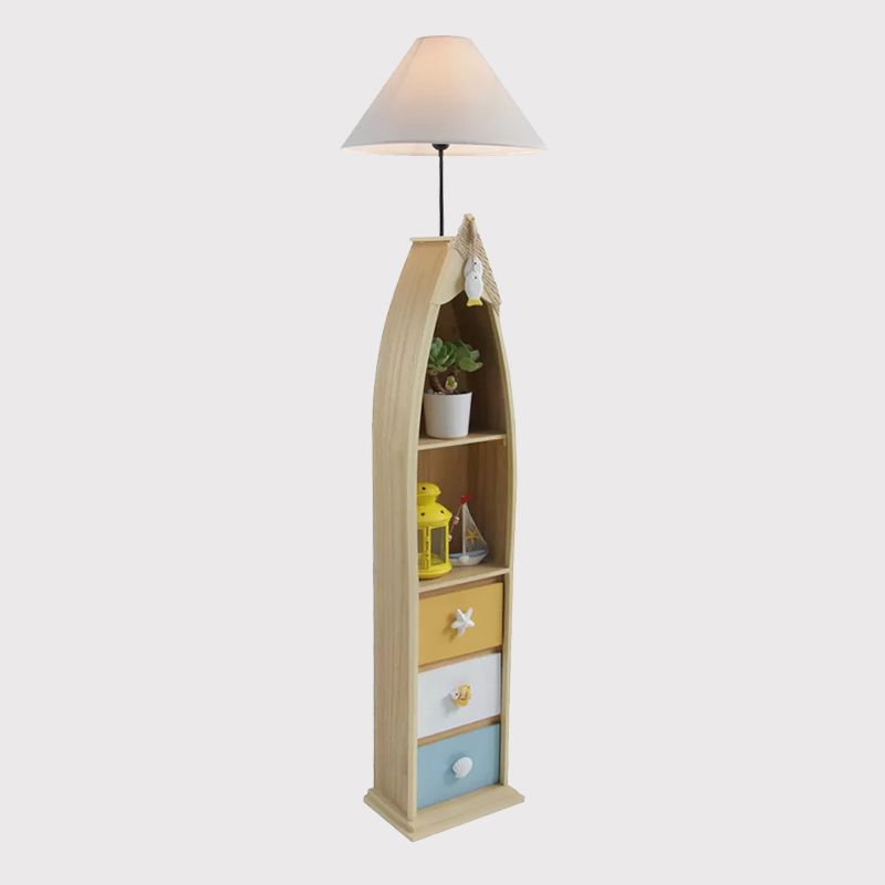 Wood Surfboard-Like Shelf Floor Lamp Children Single Head Pink/Green/Blue Standing Light with Cone White Fabric Shade