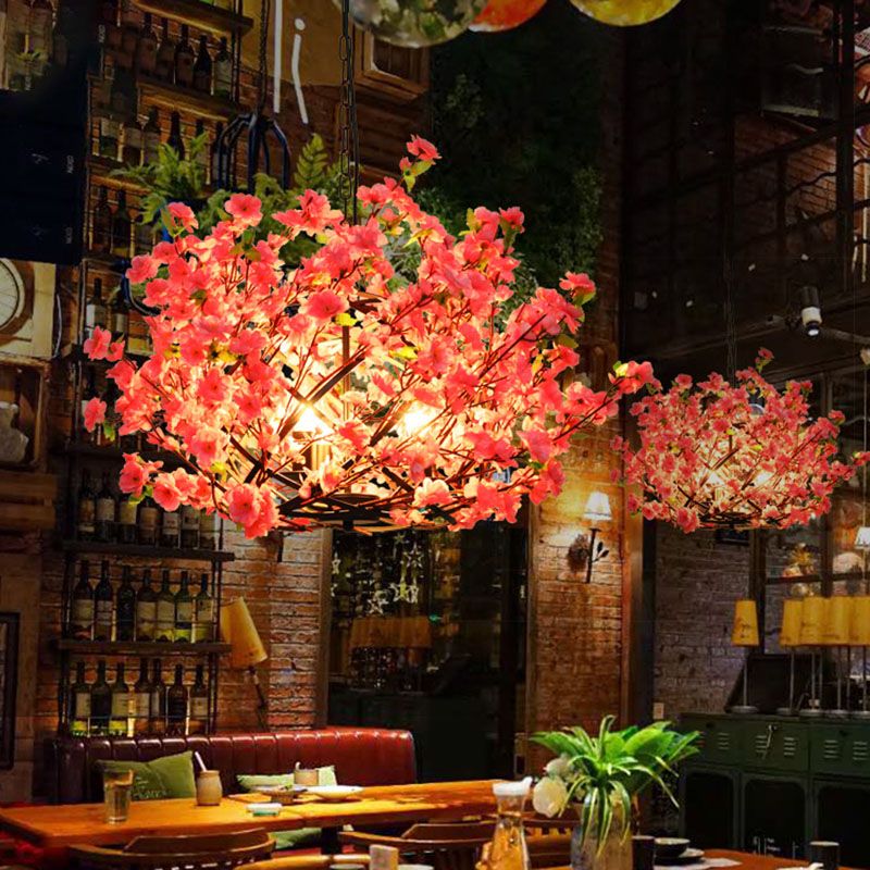 Industrial Peach Blossom Chandelier Light 3 Lights LED Metal Pendant Lamp in Pink for Restaurant