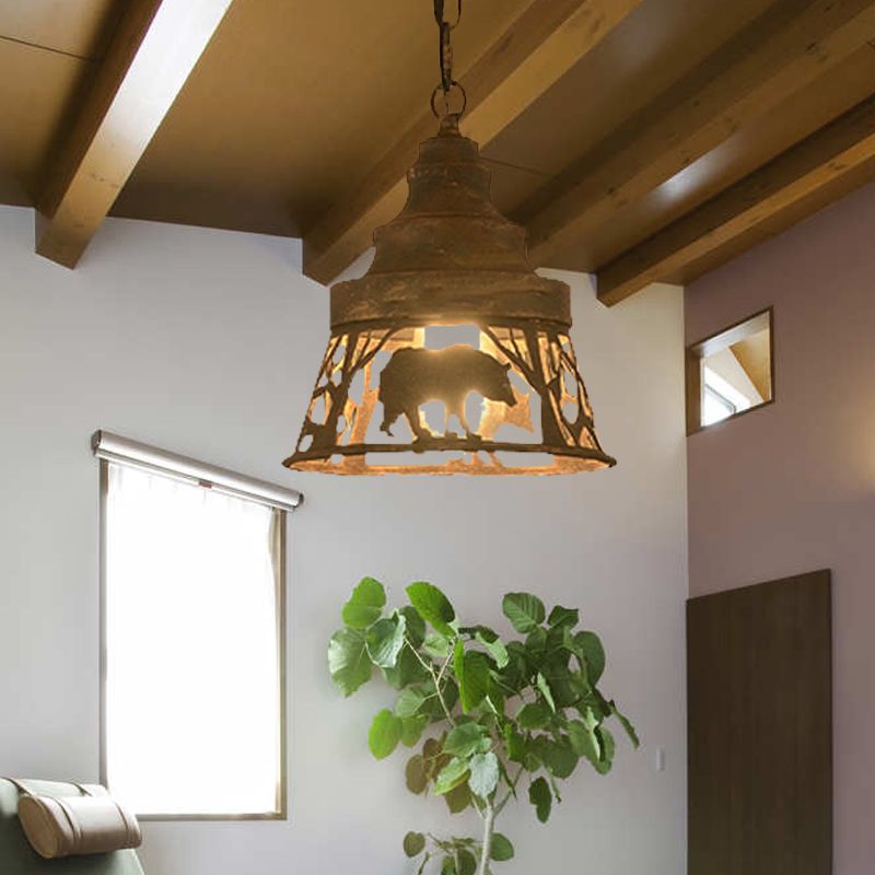 8"/12"/18" W Tapered Hanging Ceiling Light Country Metal 1/2 Lights Restaurant Pendant Lighting in Rust with Animal Pattern