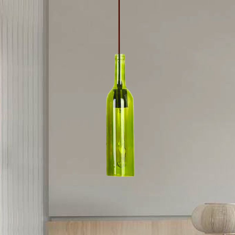 Red/Yellow 1 Head Hanging Light Fixture Vintage Style Glass Wine Bottle Suspension Lamp for Dining Room