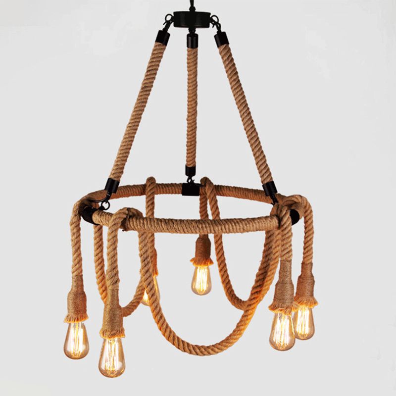 Industrial Chandelier Bare Bulb Manila Rope Vintage Room Light Shop Light