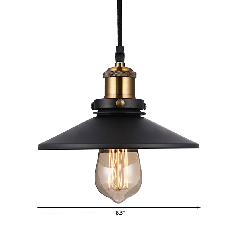 Schwarze konische Deckenleuchte Vintage -Stil Metallic 1 Lampen Wohnzimmer Hanges Anhänger Licht mit Riemenscheibe