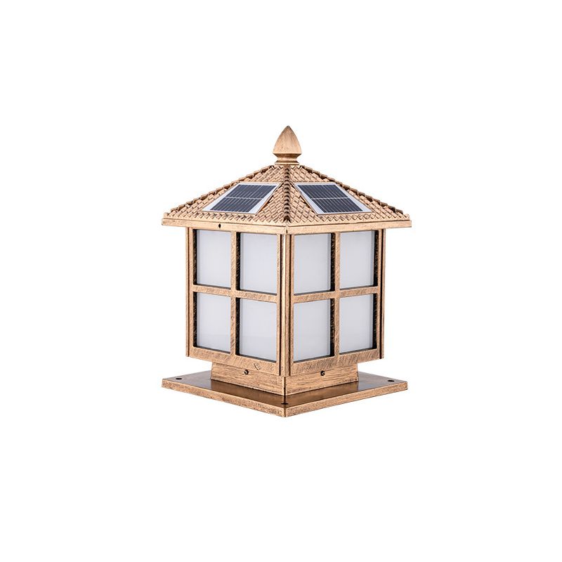 House Shaped Aluminum Post Lighting Vintage Single-Bulb Courtyard Landscape Lamp with Frosted Acrylic Shade