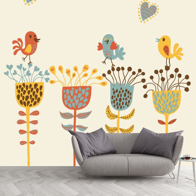 Childrens Art Baby Murals with Bird and Flower Drawing Pattern Blue-Yellow-Green Wall Decor for Home