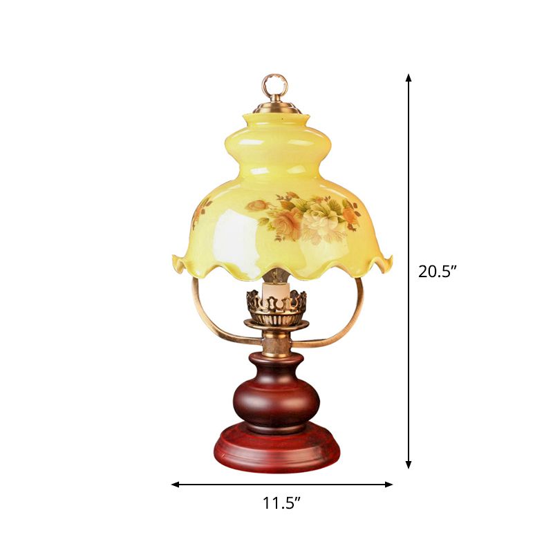 Pastoral Ruffle-Brim Gourd Night Lamp 1 Light Yellow Patterned Glass Table Lighting in Red Brown