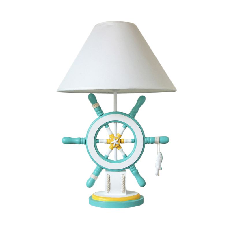 Rudder Wood Table Lamp Cartoon 1 Head Pink/Green Nightstand Lamp with Cone Fabric Shade for Bedroom