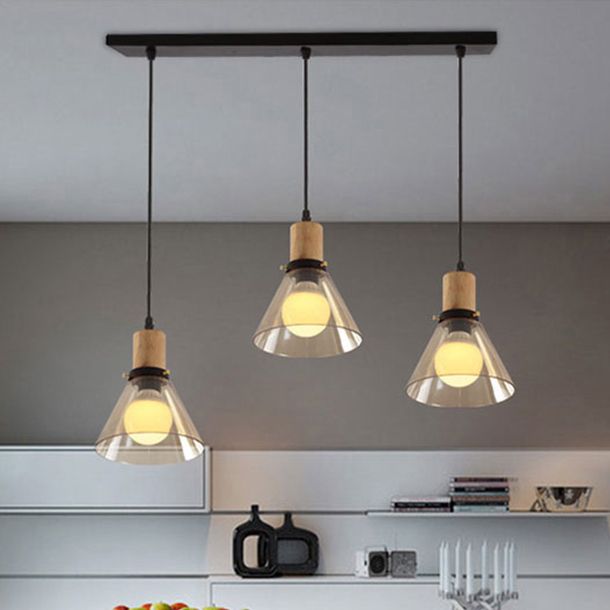 Wood 3-Light Round/Linear Canopy Multiple Hanging Light Industrial Clear Glass Tapered Cluster Pendant for Living Room