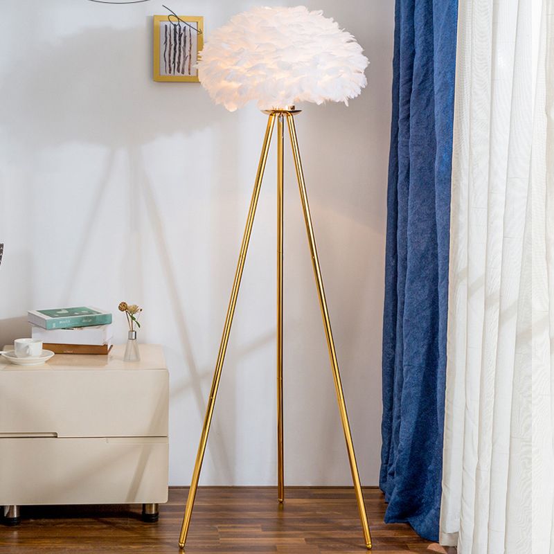 Dome Feather Floor Lamp Minimalist Single Grey/White/Pink Floor Light with Black/White/Gold Tripod for Bedroom