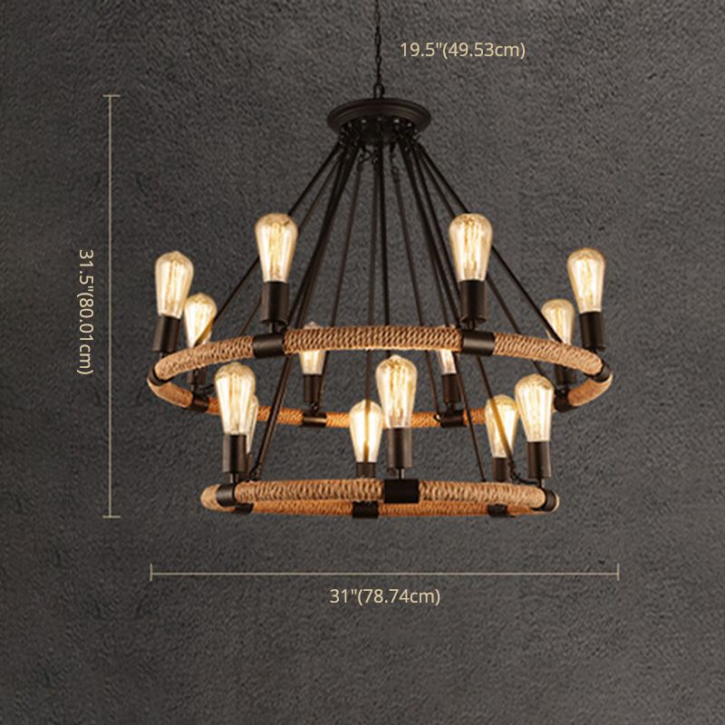 Rope Beige Pendant Chandelier Hoop Industrial-Style Chandelier Lamp for Restaurant