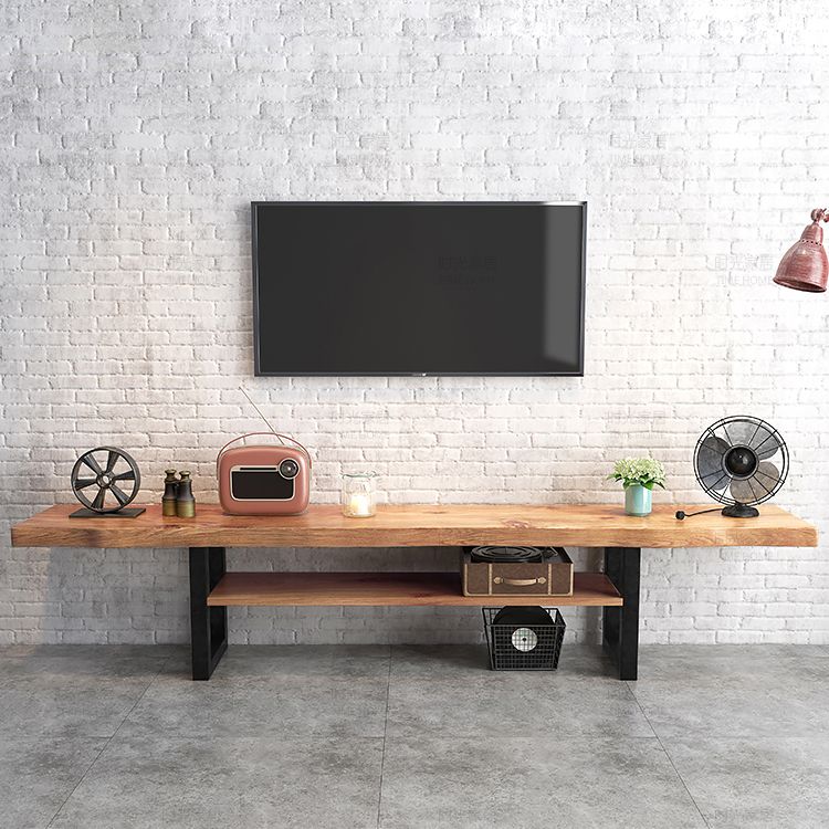 Natural Wood Media Console with Shelves Industrial TV Media Stand, Pine Wood