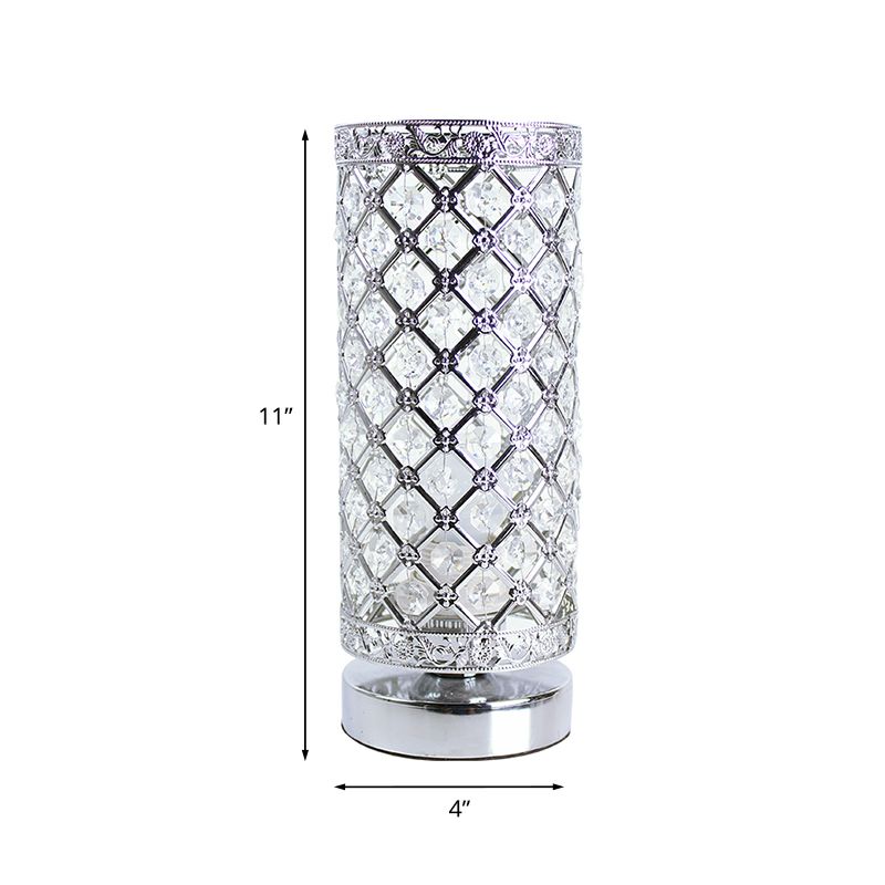 Crystal Polished Silver Table Lamp Trellis Cylindrical Single Bulb Modern Stylish Nightstand Light