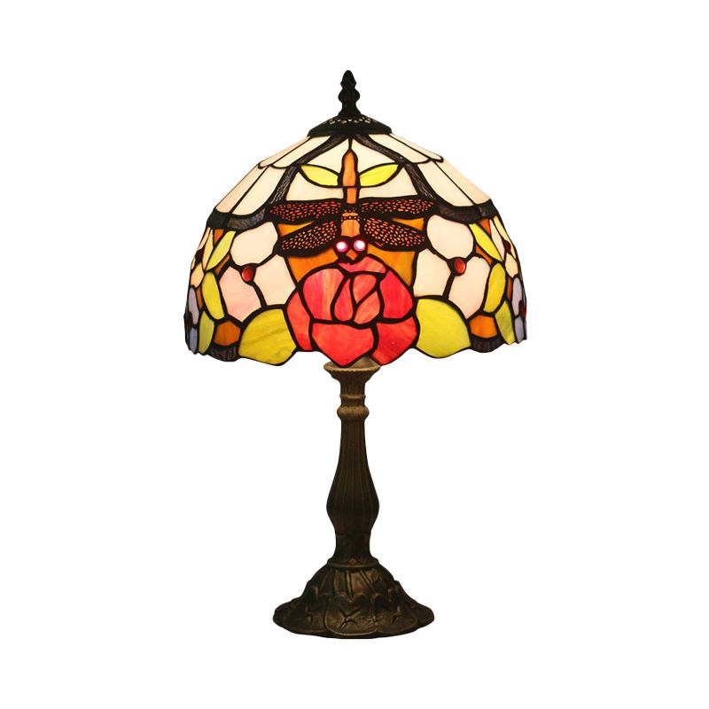 Bronze Domed Task Lighting Mediterranean 1 Light Stained Art Glass Table Lamp with Rose and Dragonfly Pattern