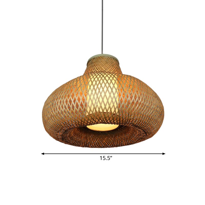 Gourd Shape Bamboo Pendant Light Chinese 1-Light Beige Hanging Light for Restaurant Hotel