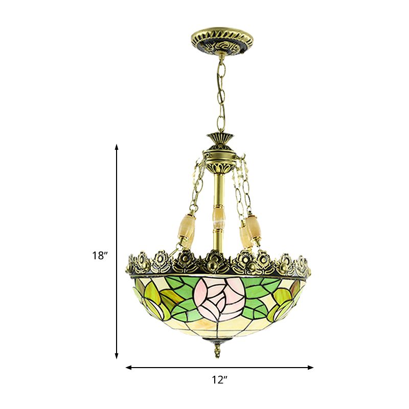 Tiffany Sunflower / Rose Chandelier 3/4 Lumières Kit d'éclairage en verre d'art taché en rouge / vert pour chambre à coucher