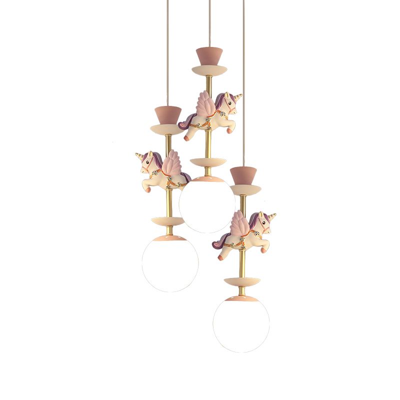 Globe Bedroom Hanging Ceiling Light Glass 3/5 Heads Cartoon Cluster Pendant in Pink/Blue