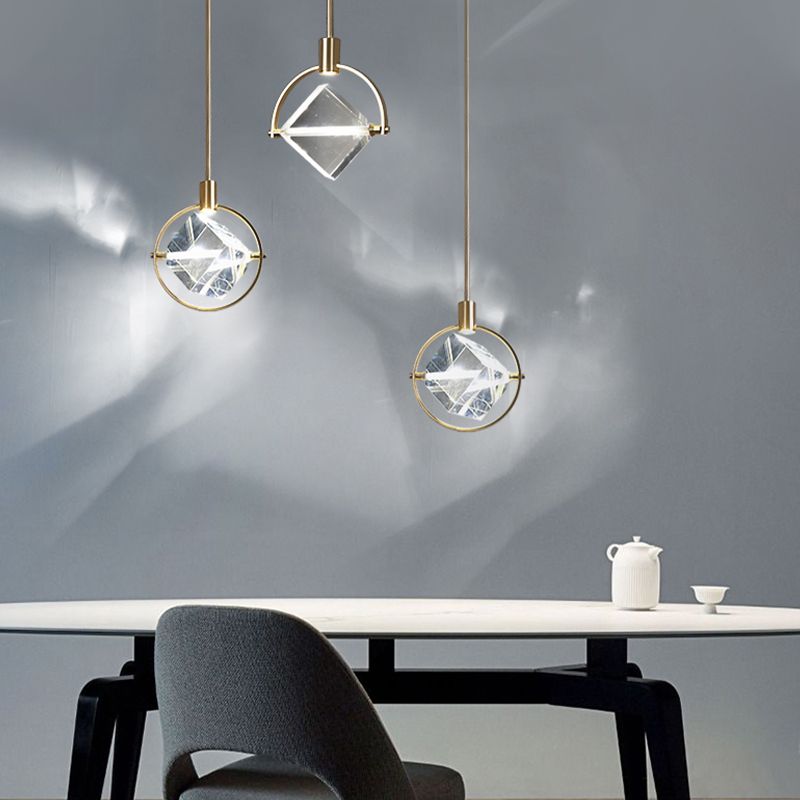 Geometric Hanging Light Fixtures Modern Gold Suspension Pendant Lights with Clear Crystal Shade