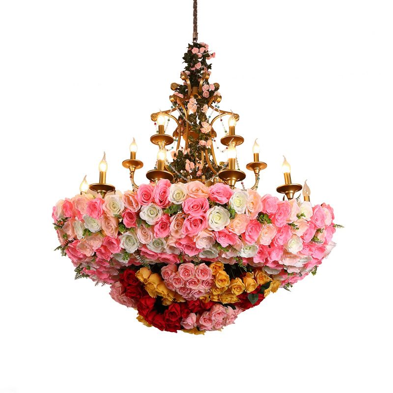 12 Lights Candle Chandelier Industrial Pink Flower Metal Pendant Light for Restaurant