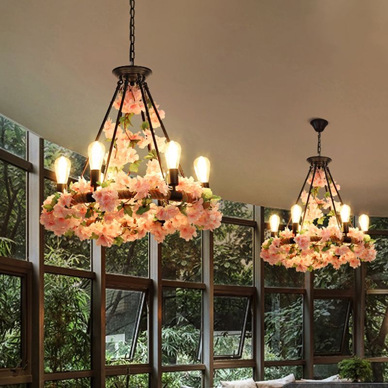 Round Restaurant Pendant Chandelier Industrial Metal 6/8/14 Heads Pink Hanging Ceiling Light with Flower Decoration