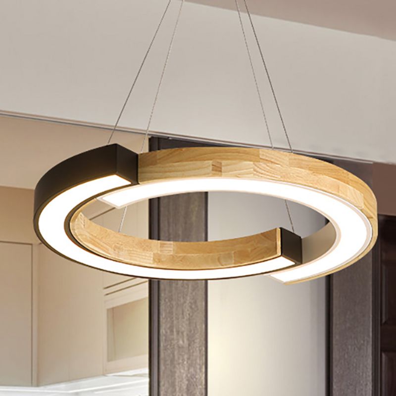 15"/19" Wide Black/White Ring Suspension Light Nordic Style Wood Hanging Lamp for Bedroom Restaurant