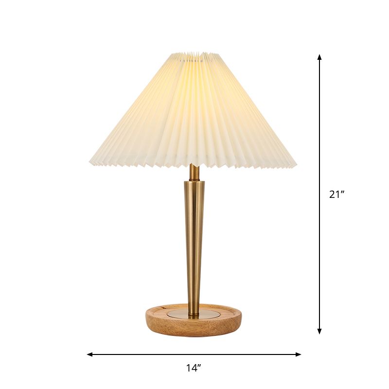 1 tête de table de nuit lampe à la lampe conique Éclairage de tâche en tissu plissé avec du bois rond piédestal en or