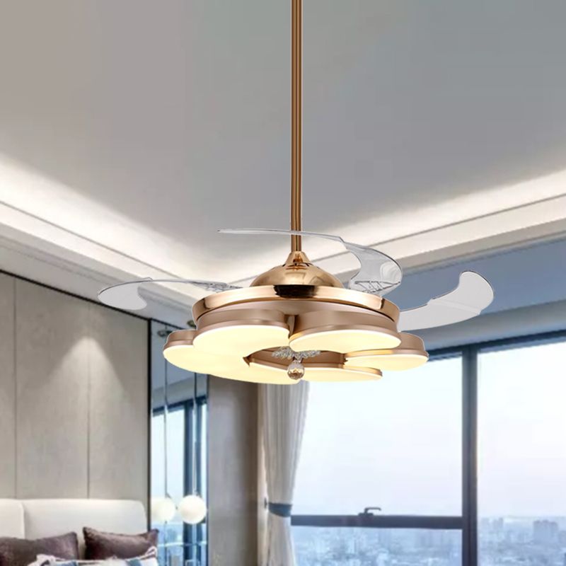 3/6 Leaf LED Ceiling Cooler Fan Modern Style Metal Rose Gold Semi Flush Mount Lamp with Crystal Drop, Frequency Conversion/Remote Control/Wall Control