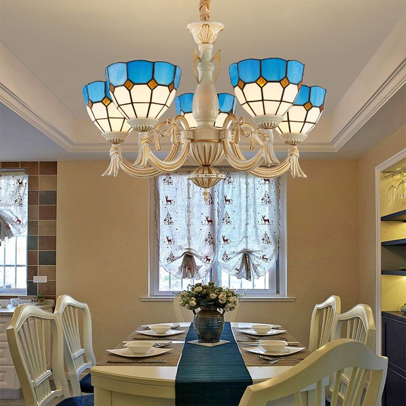 5 Lights Bowl Chandelier Light in Blue Mediterranean Glass Pendant Light for Hall