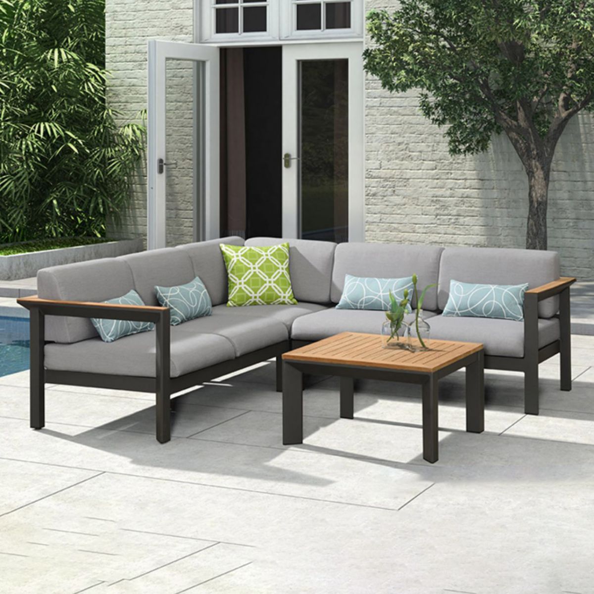 Modern & Contemporary Patio Sofa Wood With Cushions Fabric Teak Black Outdoor Patio Sofa