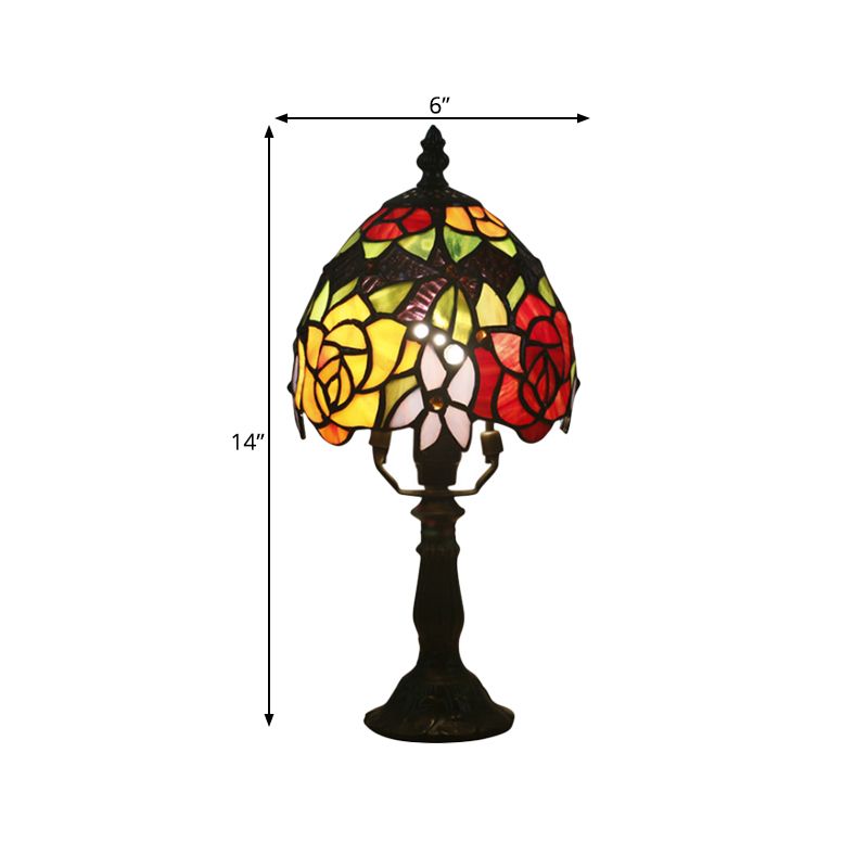 1 Head Rose Patterned Night Lamp Baroque Dark Coffee Stained Art Glass Nightstand Light with Bowl Shade